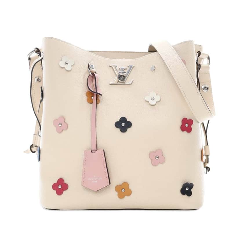 Louis Vuitton Flower Embellished Lockme Bucket Bag Brown Leather Good condition - Front View