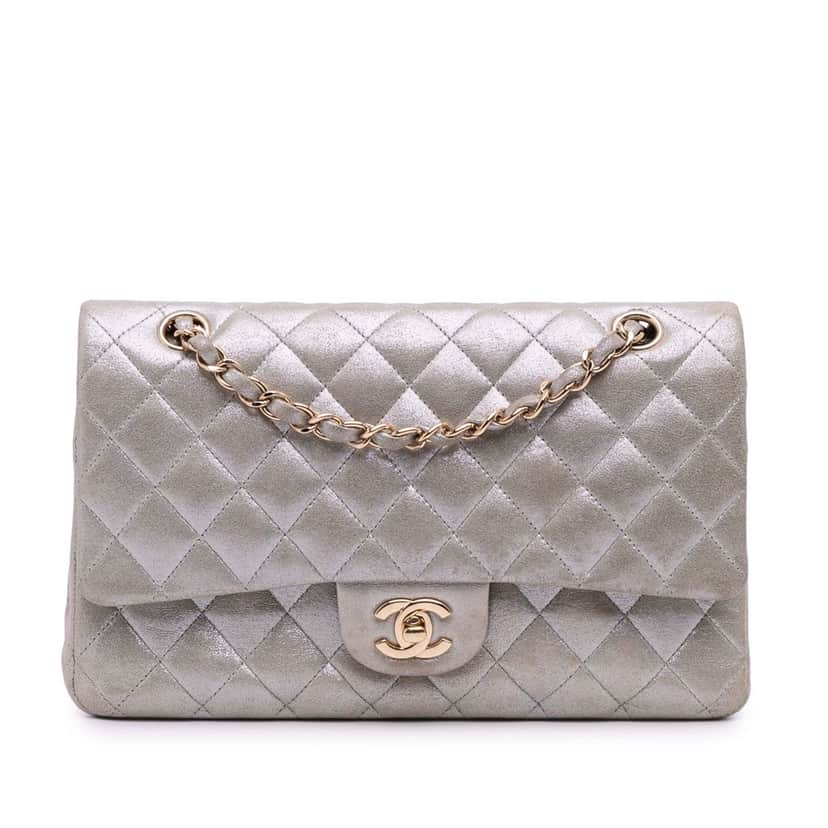 Chanel Medium Classic Iridescent Lambskin Double Flap Brown Leather Good condition - Front View
