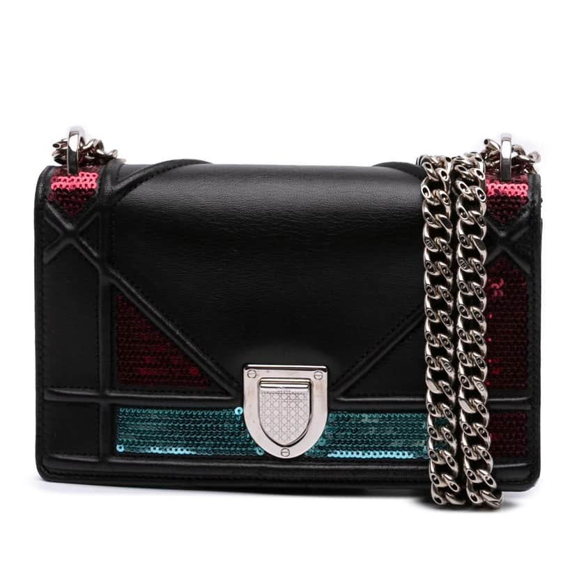 Dior Mini Lambskin Sequin Diorama Flap Black Leather Fair condition - Front View