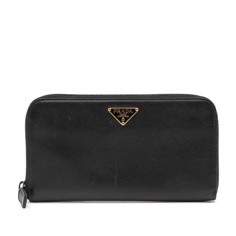 Prada Saffiano Zip Around Long Wallet Black Leather Good condition - Front View