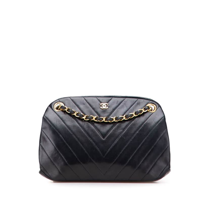Chanel CC Chevron Lambskin Frame Chain Shoulder Bag Black Leather Good condition - Front View