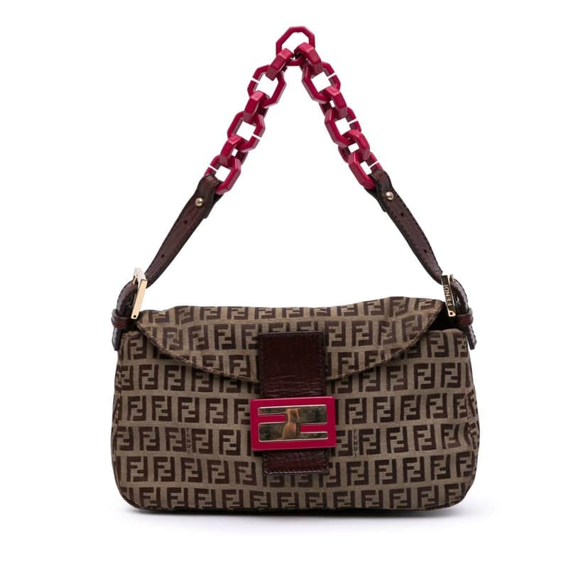 Fendi Zucchino Canvas Double Flap Chain Shoulder Bag Brown Canvas Good condition - Front View