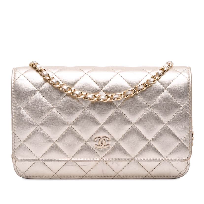 Chanel CC Metallic Quilted Lambskin Wallet on Chain Gold Leather Good condition - Front View