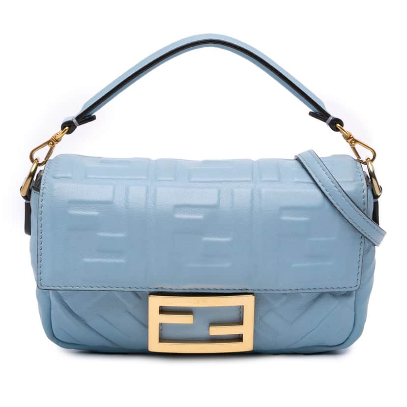 Fendi Mini Zucca Embossed Leather Baguette Satchel Blue Leather Good condition - Front View