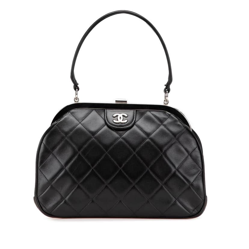 Chanel CC Quilted Lambskin Kiss Lock Frame Top Handle Bag Black Leather Good condition - Front View