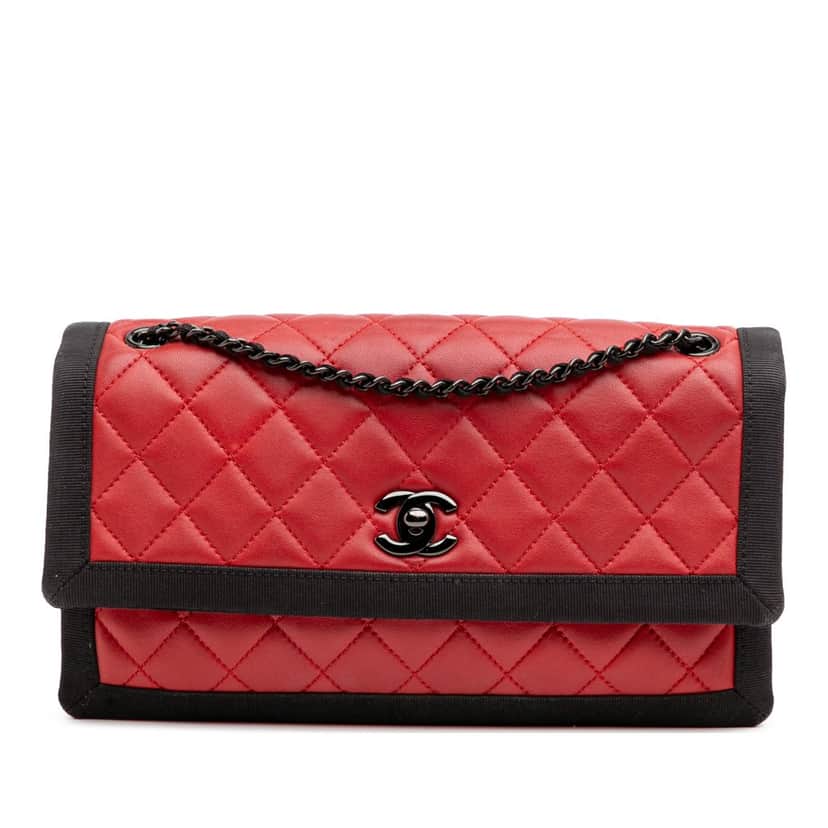 Chanel Medium Quilted Lambskin Grosgrain Two Tone Flap Red Leather Good condition - Front View