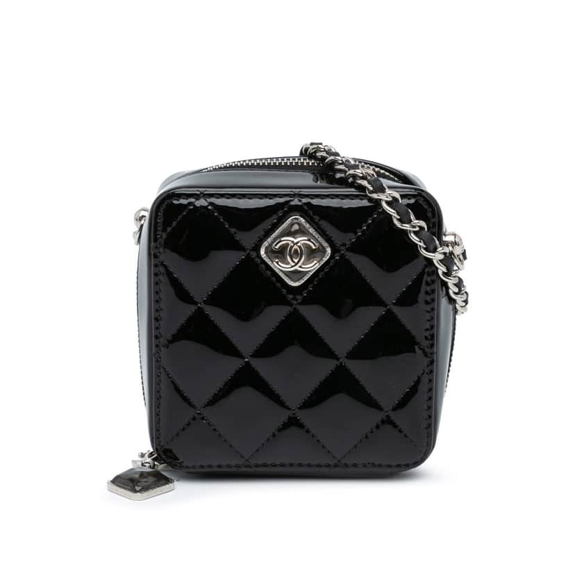 Chanel CC Quilted Patent Diamond Resin Clutch With Chain Black Leather Good condition - Front View