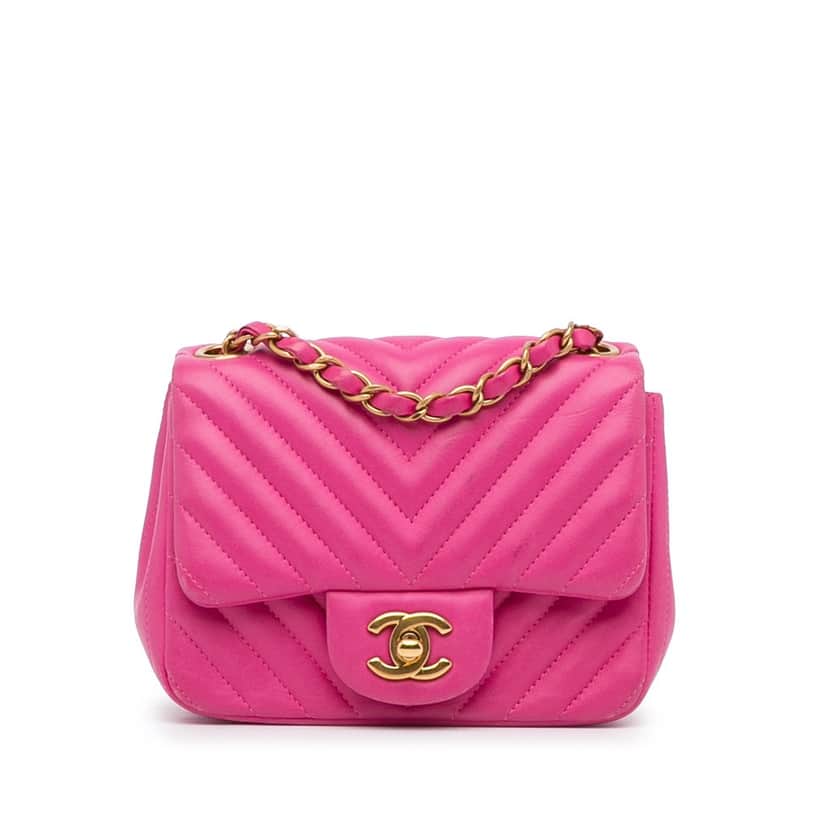 Chanel Mini Square Classic Chevron Lambskin Single Flap Pink Leather Good condition - Front View