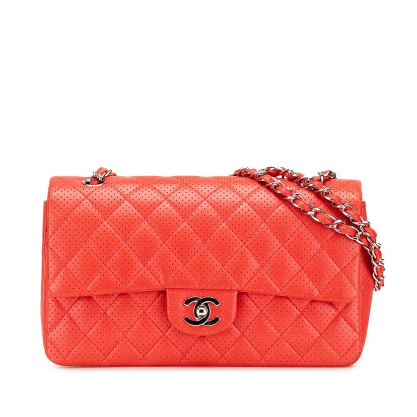 Chanel Medium Classic Perforated Lambskin Single Flap Red Leather Good condition - Front View