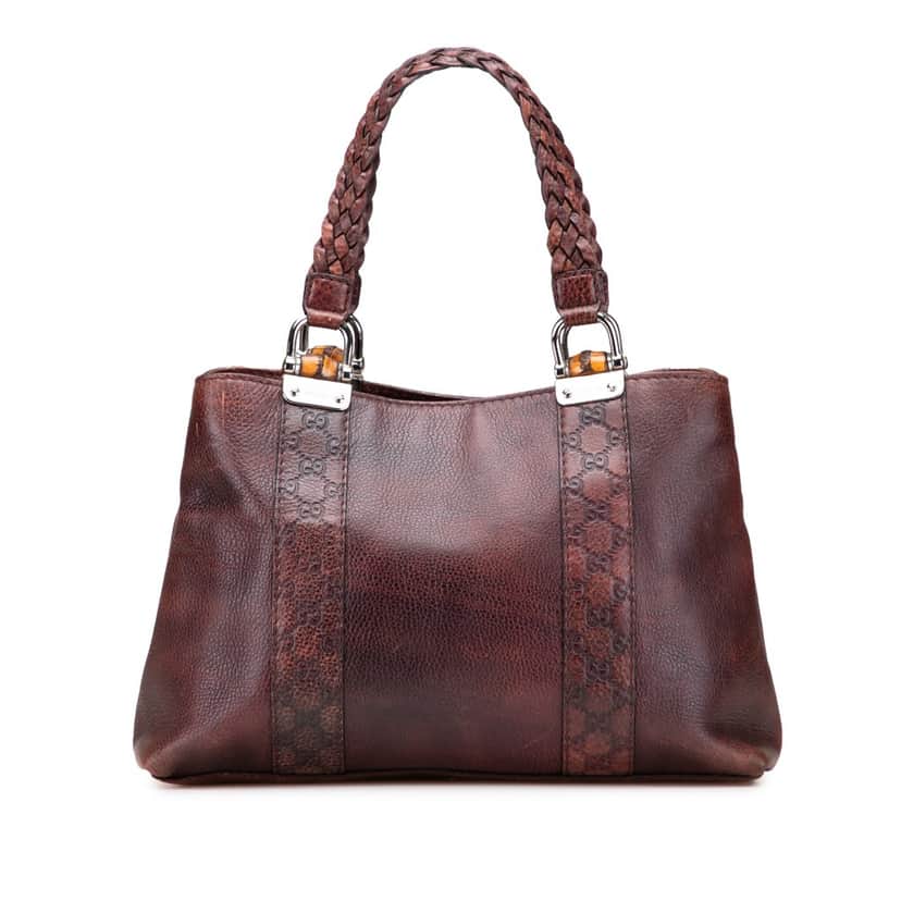 Gucci Guccissima Trimmed Leather Bamboo Libeccio Tote Brown Leather Good condition - Front View