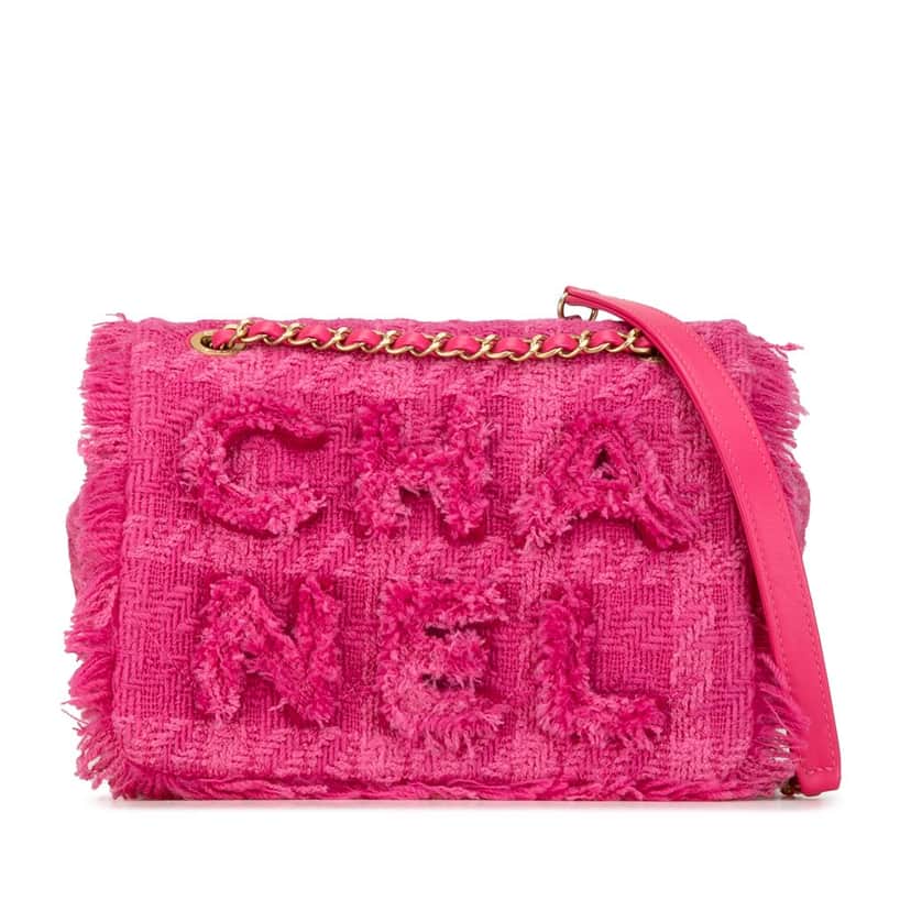 Chanel Wool Tweed Giant Logo Flap Pink Tweed Good condition - Front View
