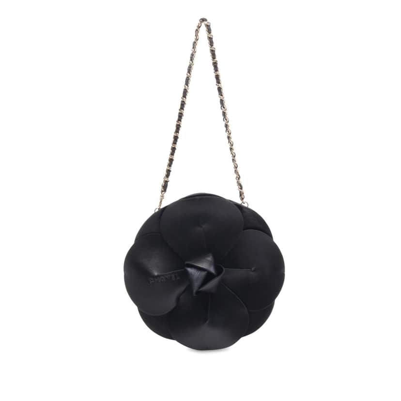Chanel Lambskin and Satin Camellia Flower Evening Bag Black Leather Good condition - Front View