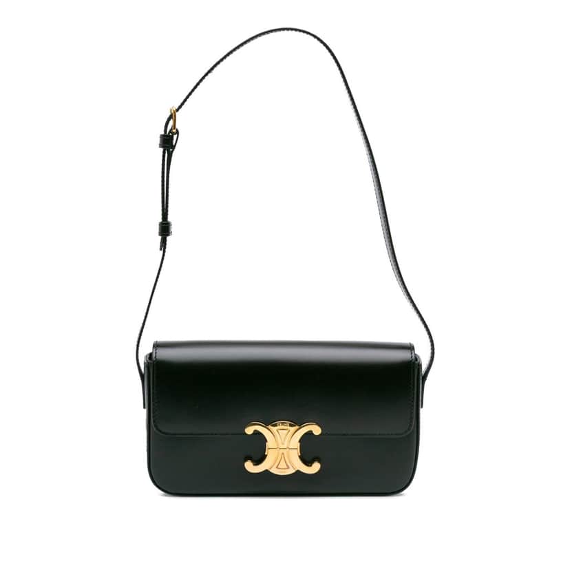 Celine Shiny Calfskin Claude Shoulder Bag Black Leather Good condition - Front View