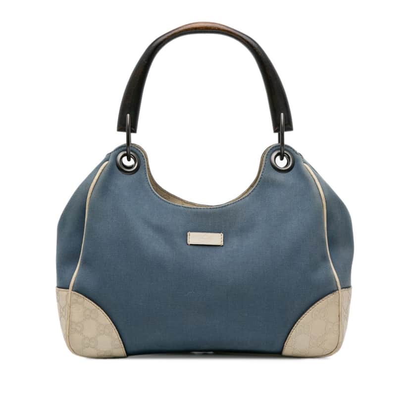 Gucci Canvas and Guccissima Bamboo Shoulder Bag Blue Canvas Good condition - Front View
