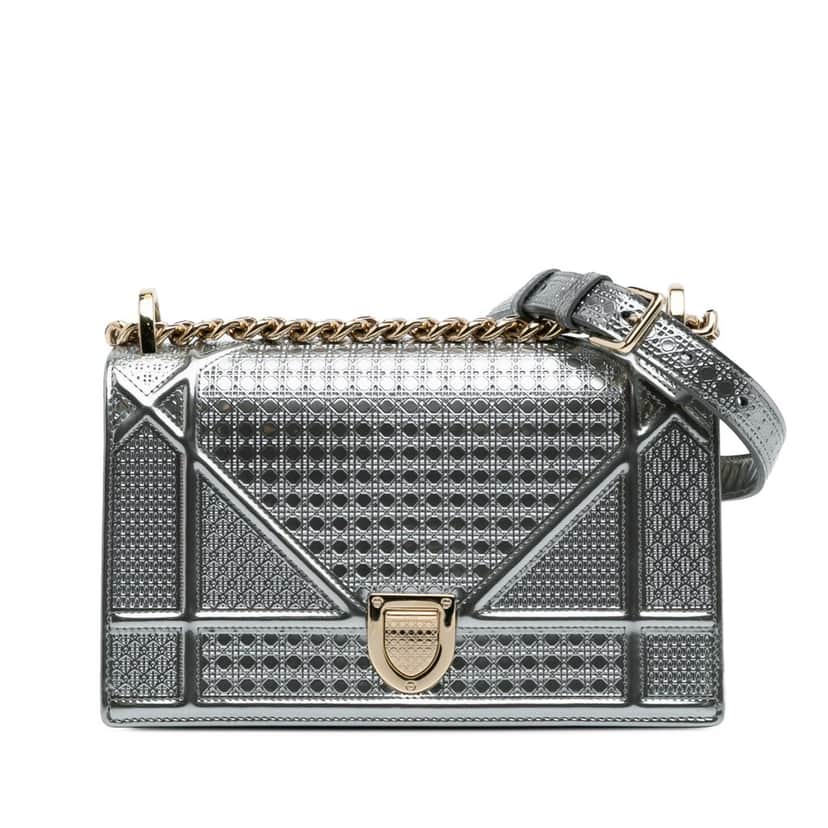 Dior Small Metallic Patent Microcannage Diorama Flap Silver Leather Good condition - Front View