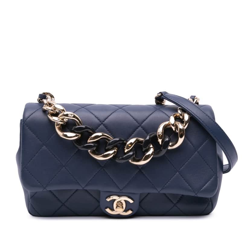 Chanel Small Lambskin Elegant Chain Single Flap Blue Leather Good condition - Front View