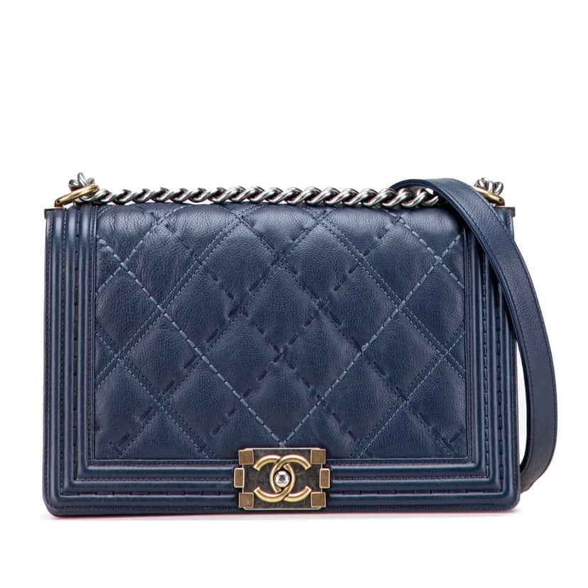 Chanel Medium Stitched Calfskin Boy Flap Blue Leather Good condition - Front View