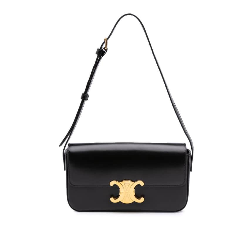 Celine Shiny Calfskin Claude Shoulder Bag Black Leather Good condition - Front View