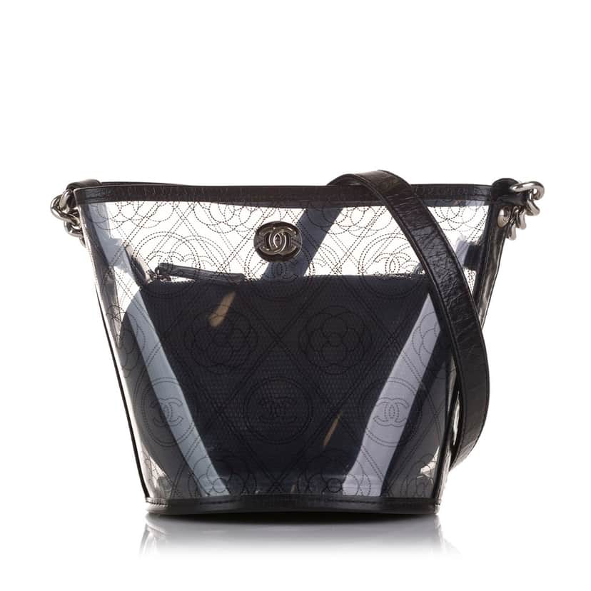 Chanel Crumpled Calfskin PVC Camellia Bucket Black Very good condition - Front View