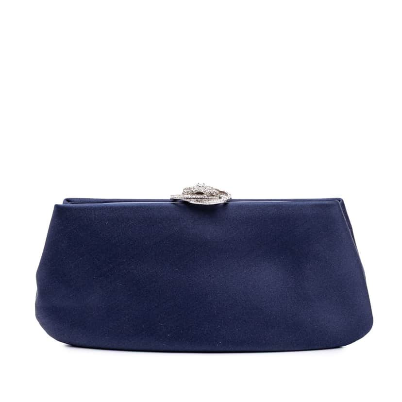 Chanel Satin Crystal Camellia Evening Frame Clutch Blue Satin Good condition - Front View