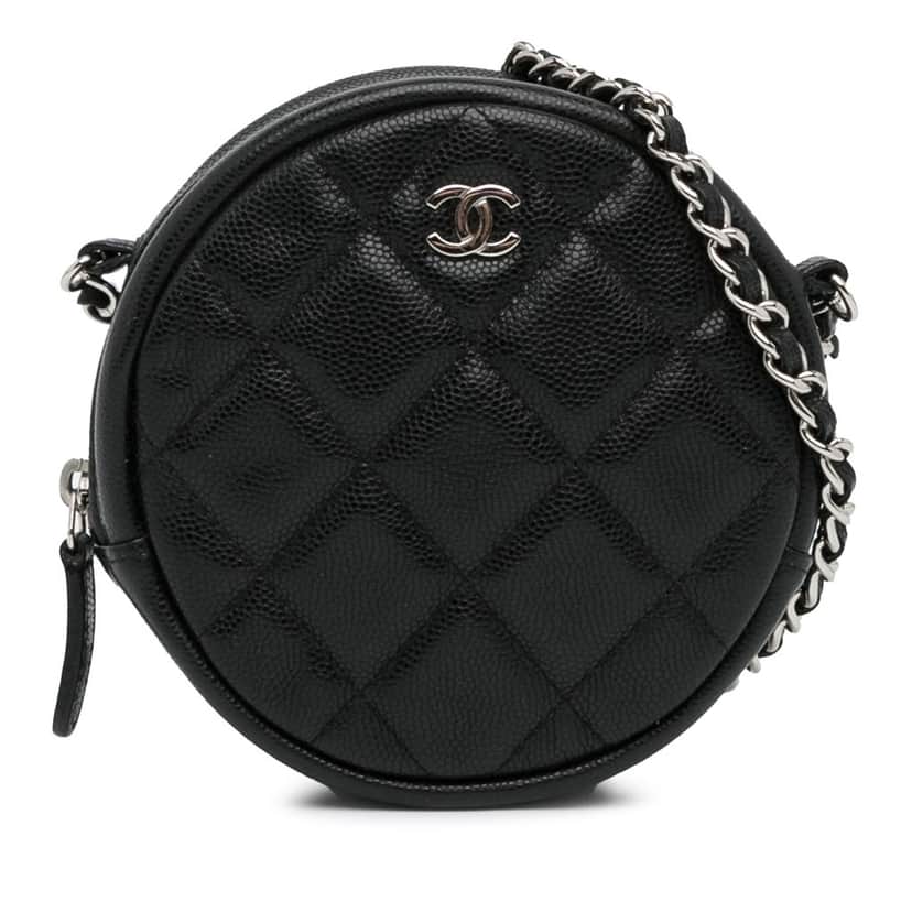 Chanel CC Quilted Caviar Round Clutch With Chain Black Leather Good condition - Front View