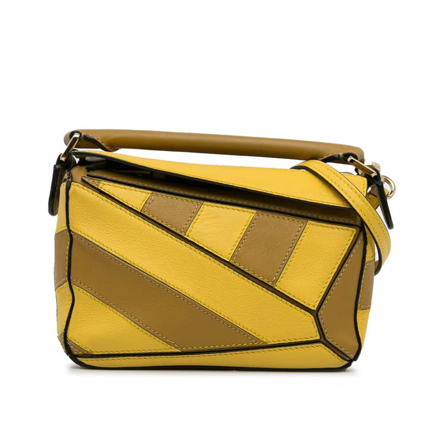 Loewe Mini Calfskin Puzzle Rugby Stripe Satchel Yellow Leather Good condition - Front View