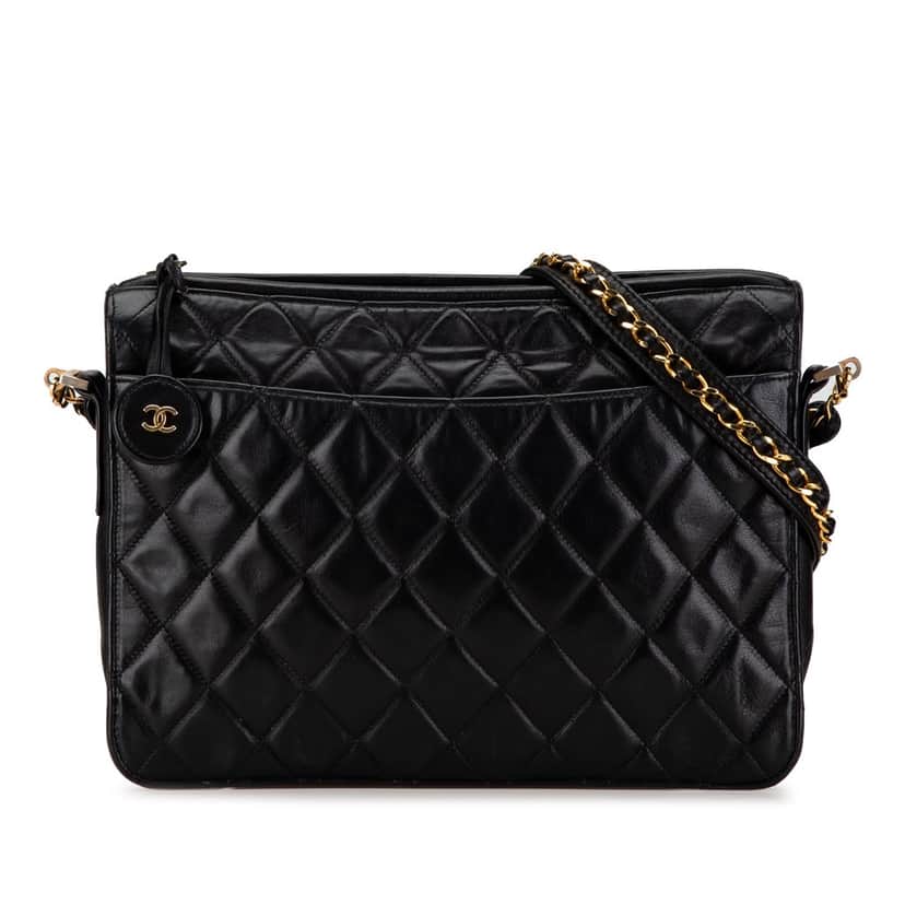 Chanel Quilted Lambskin Chain Crossbody Black Leather Fair condition - Front View