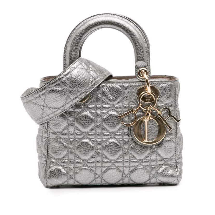 Dior Small Metallic Grained Calfskin Cannage Supple Lady Dior Silver Leather Good condition - Front View