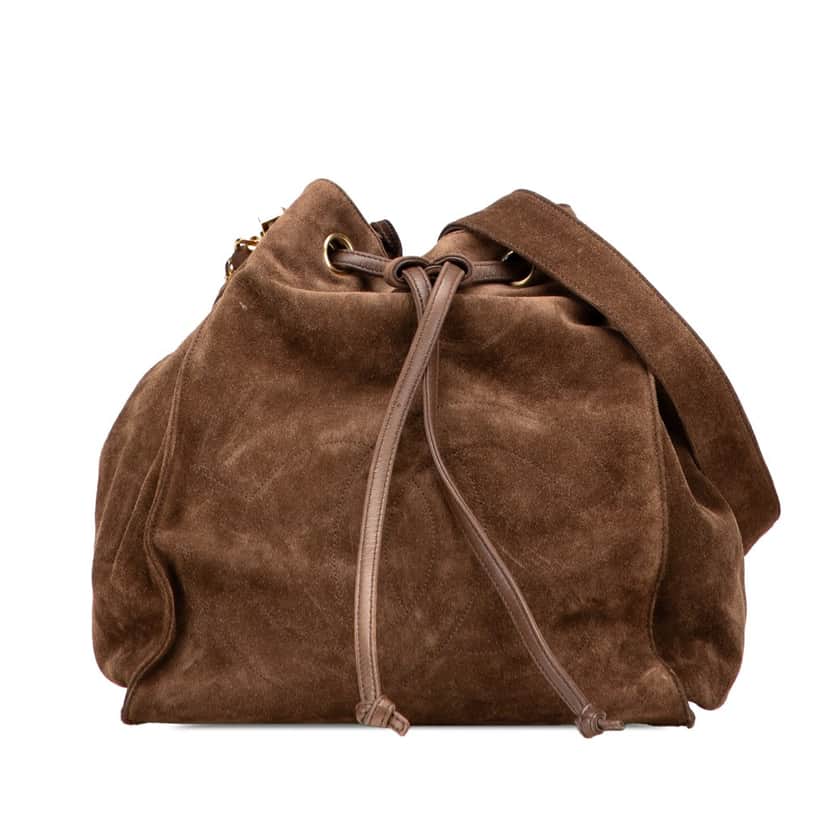 Chanel CC Suede Bucket Bag Brown Leather Good condition - Front View