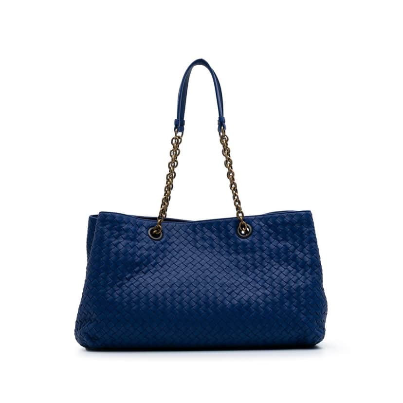 Bottega Veneta Medium Nappa Intrecciato Double Chain Tote Blue Leather Good condition - Front View