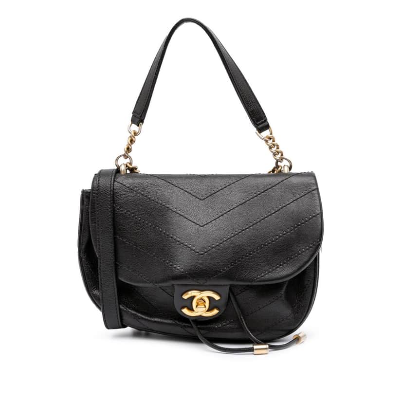 Chanel CC Chevron Calfskin Round Flap Satchel Black Leather Good condition - Front View