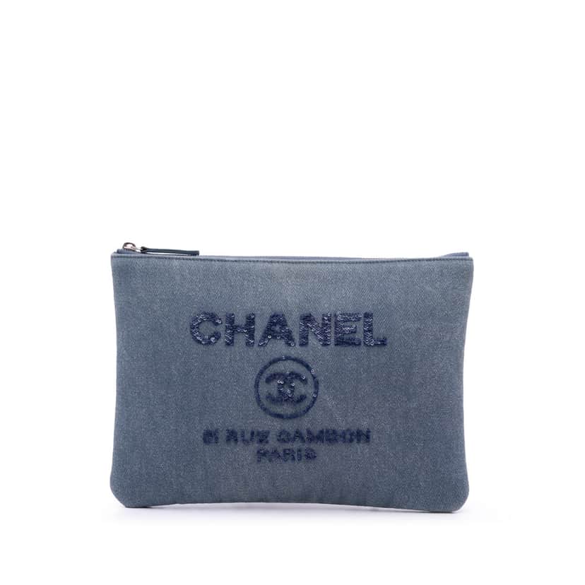 Chanel Medium Denim Sequin Deauville O Case Clutch Blue Denim Good condition - Front View