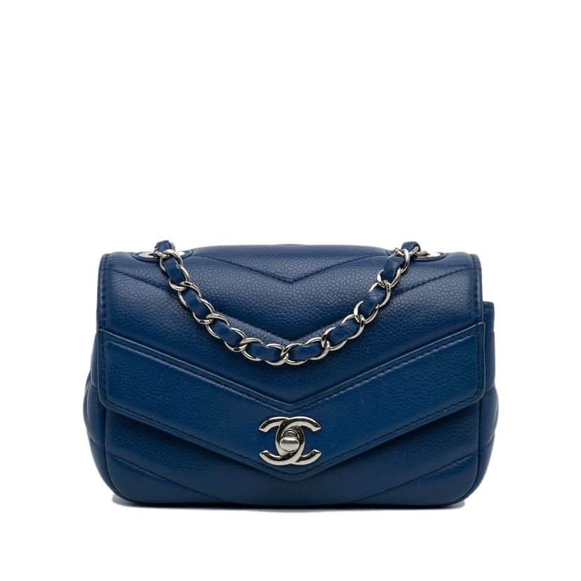 Chanel Mini Caviar Chevron Data Center Envelope Flap Bag Blue Leather Good condition - Front View