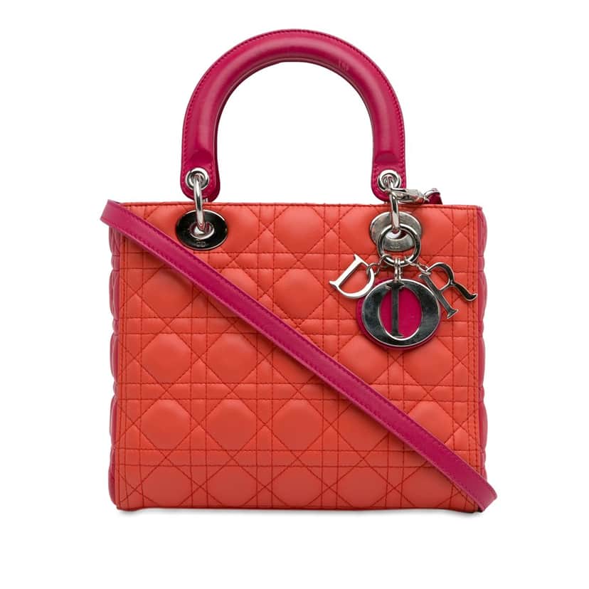 Dior Medium Bicolor Lambskin Cannage Lady Dior Orange Leather Very good condition - Front View