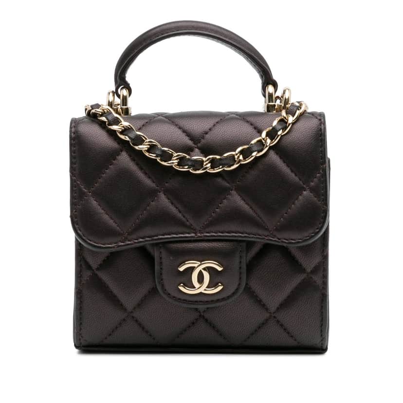 Chanel CC Quilted Iridescent Lambskin Top Handle Flap Clutch With Chain Red Leather Good condition - Front View