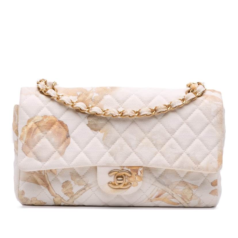 Chanel Medium Classic Printed Denim Floral Double Flap Brown Denim Good condition - Front View