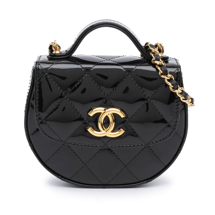 Chanel Mini CC Quilted Patent Leather Top Handle Clutch with Chain Black Leather Good condition - Front View