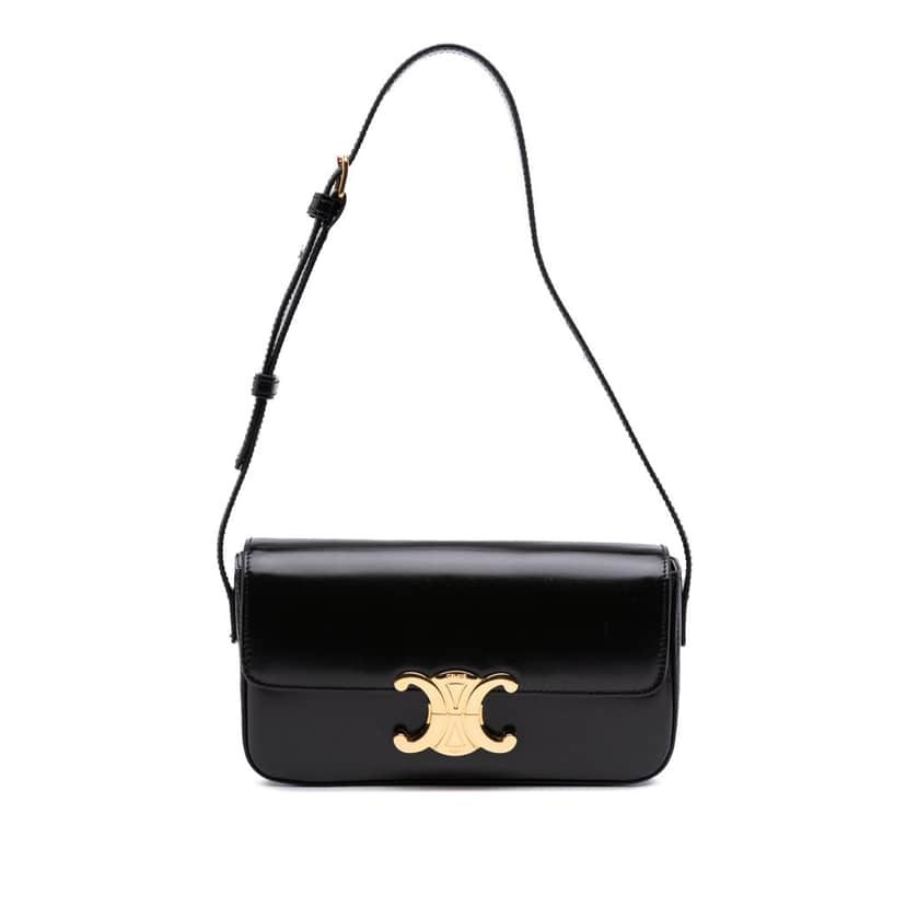Celine Shiny Calfskin Claude Shoulder Bag Black Leather Good condition - Front View