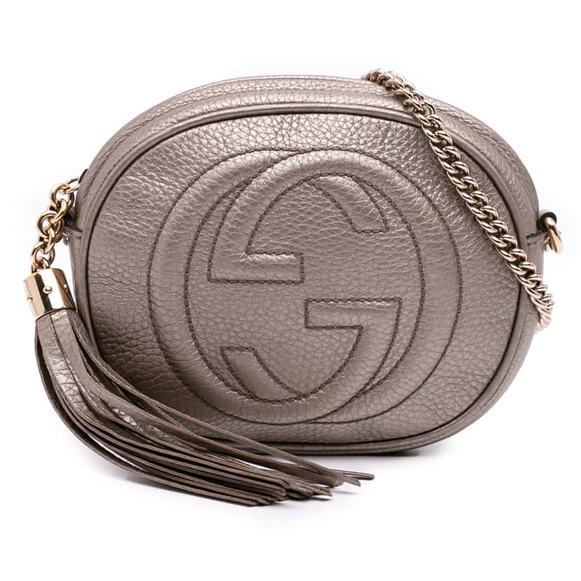 Gucci Mini Metallic Pebbled Calfskin Soho Chain Crossbody Silver Leather Good condition - Front View
