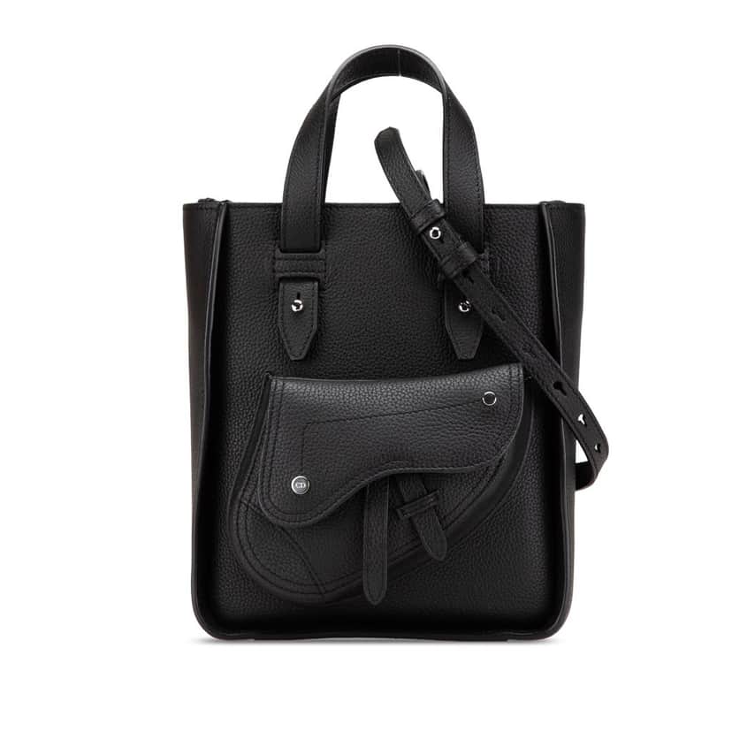 Dior Mini Grained Calfskin Saddle Tote Black Leather Good condition - Front View