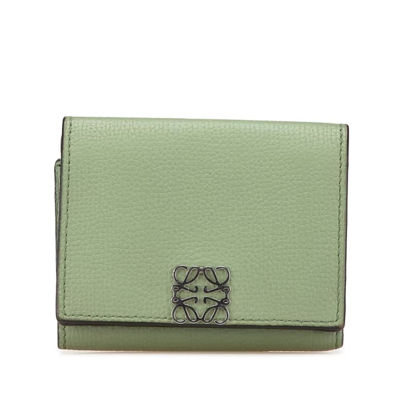 Loewe Grained Calfskin Anagram Compact Flap Wallet Green Leather Good condition - Front View