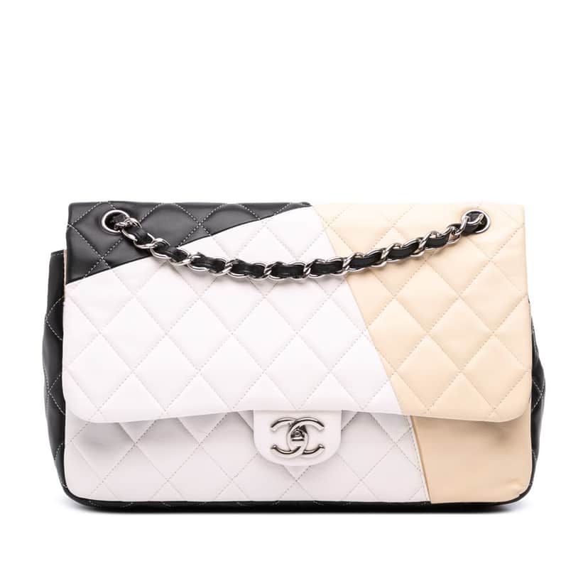 Chanel Jumbo Classic Tricolor Lambskin Colorblock Double Flap Brown Leather Good condition - Front View