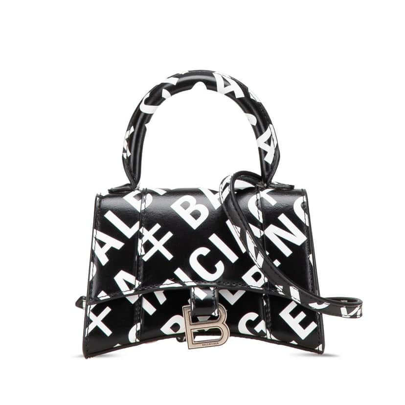 Balenciaga Mini Smooth Calfskin Allover Logo Print Hourglass Top Handle Bag Black Leather Good condition - Front View