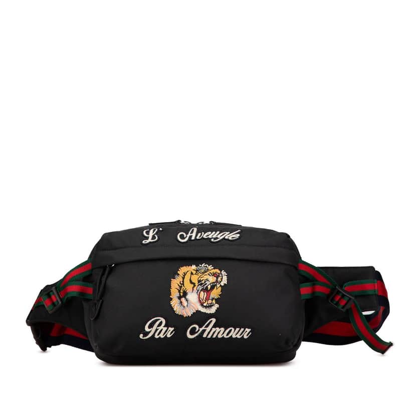 Gucci Techno Canvas Web L Aveugle Par Amour Embroidered Belt Bag Black Canvas Good condition - Front View