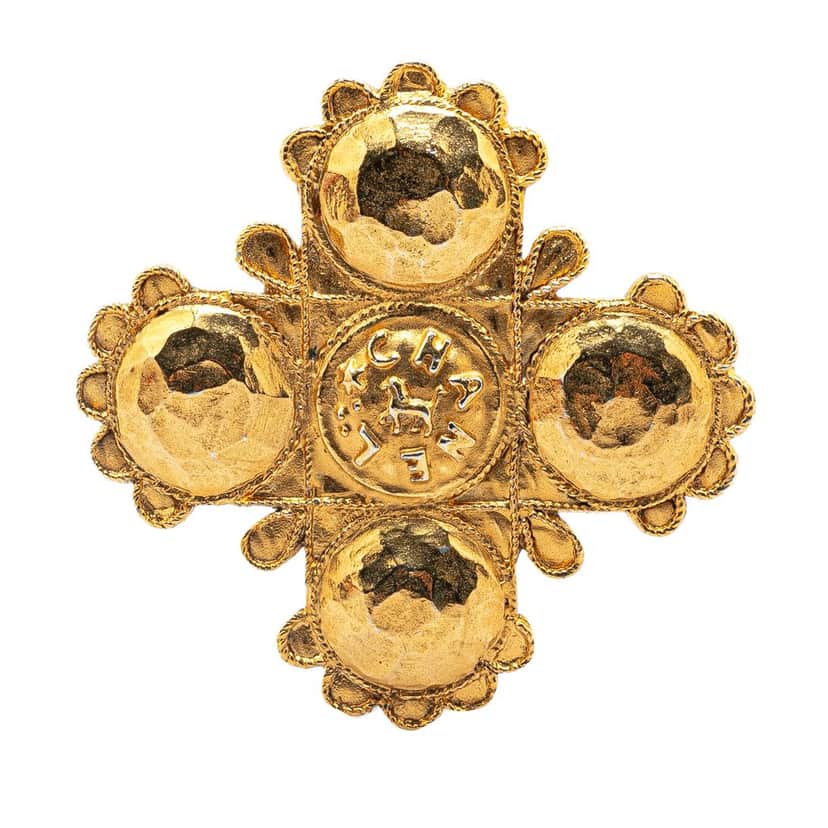 Chanel Gold Plated Lion Logo Cross Brooch Gold Metal Good condition - Front View