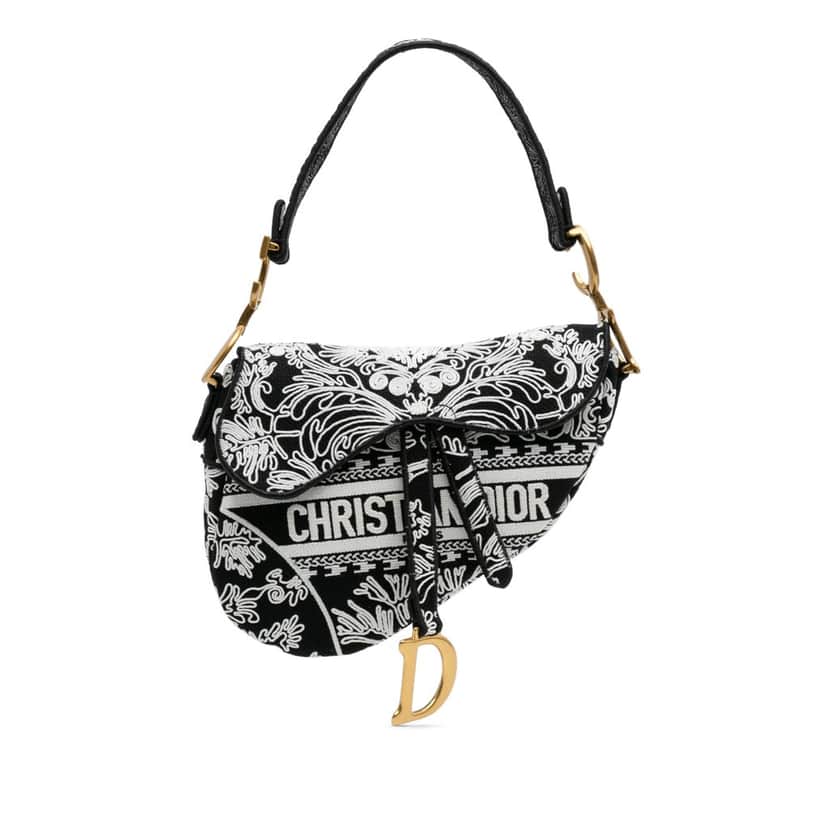 Dior Canvas Embroidered Ornamental Cornely Saddle Bag Black Canvas Good condition - Front View