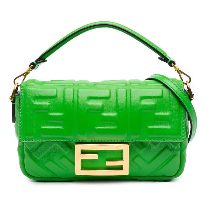 Fendi Mini Zucca Embossed Leather Baguette Satchel Green Leather Good condition - Front View