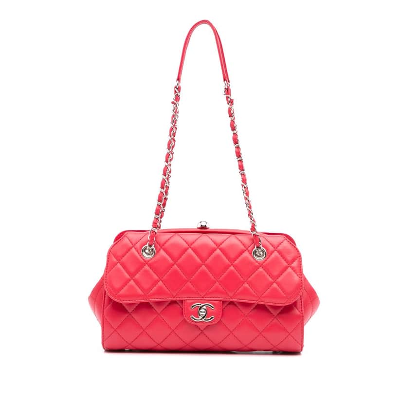 Chanel CC Quilted Lambskin Kisslock Frame Flap Tote Pink Leather Good condition - Front View