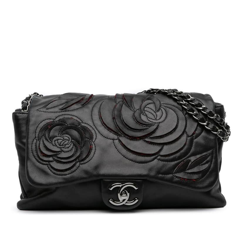 Chanel Lambskin and Tweed Camellia Petals Flap Black Leather Good condition - Front View