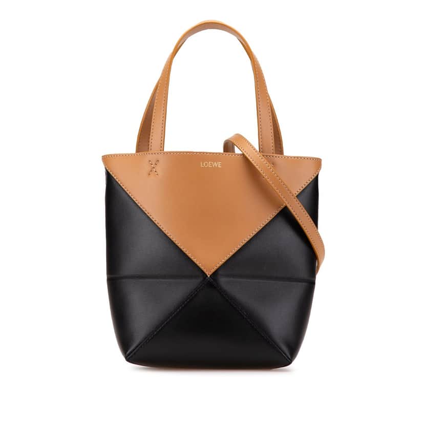 Loewe Mini Bicolor Shiny Calfskin Puzzle Fold Tote Black Leather Good condition - Front View